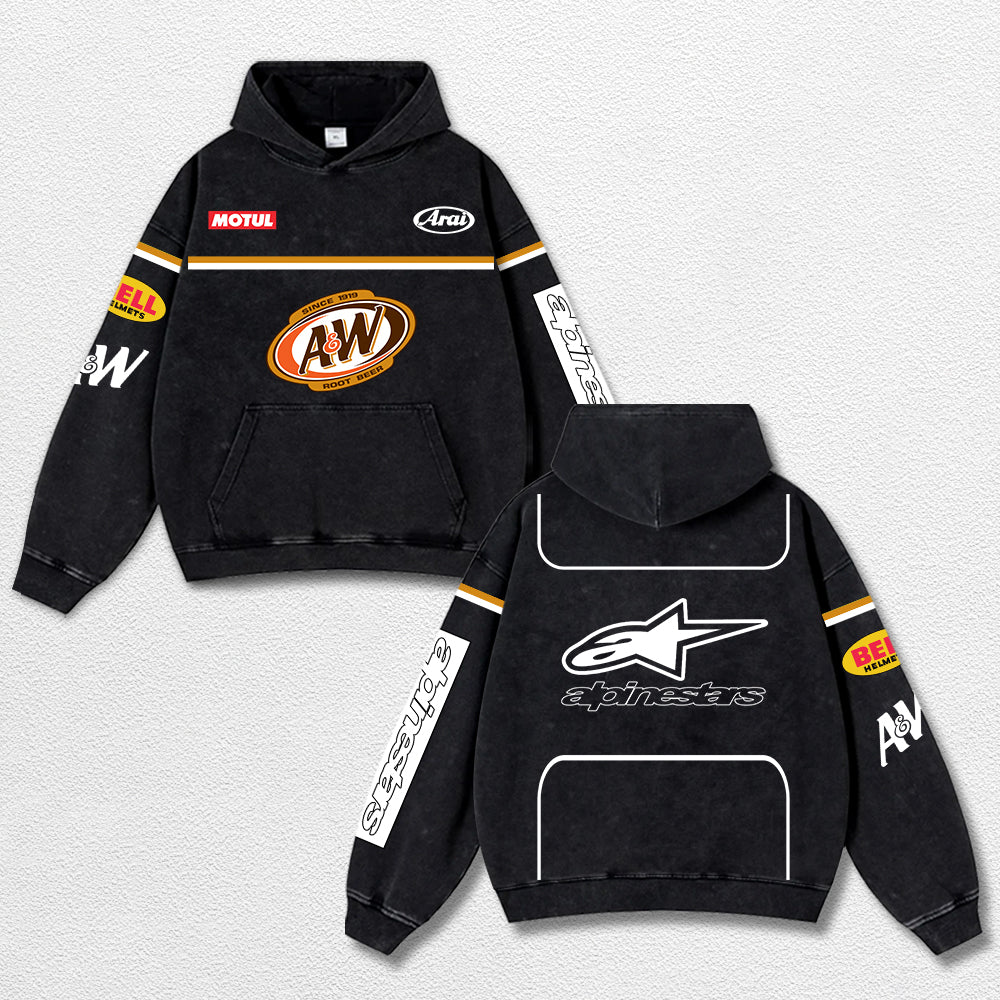 Retro Alpinestars A&W Root Beer Racing Washed Hoodie MotoGP World Champion Enthusiast Apparel Streetwear Racing Team Super Motorsports Clothing Riders Motocross Off-Road Dirt Bike Fan Gear Cotton For Moto Fan