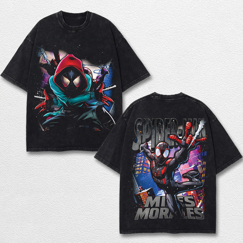 Miles Morales Spider-Verse Hero Comic Double Printed Oversize Lightweight Acid Washed Tee, Character Marrvel Comics TV Series Graphic Design Unisex Top Cotton Streetwear T-Shirt Clothes Menswear