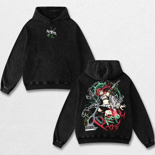 Retro Riyo Reaper - Gachiakuta Oversize Lightweight Acid Washed Hoodie Sweatshirt Tee, Anime Graphic Design Unisex Top Cotton Streetwear Shirt Clothes