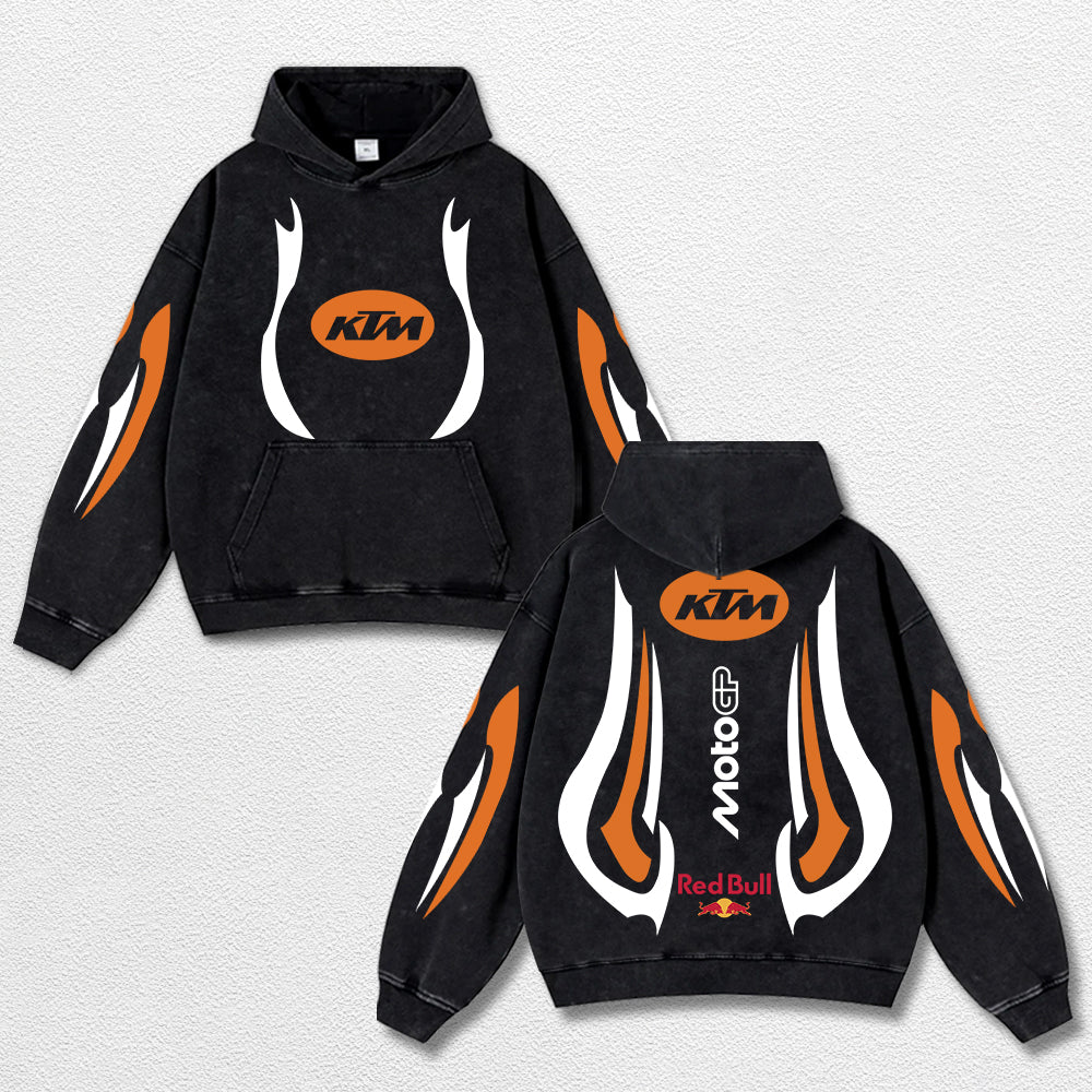 Retro Thunder Red Bull KTM Racing Washed Hoodie MotoGP World Champion Enthusiast Apparel Streetwear Racing Team Super Motorsports Clothing Riders Motocross Off-Road Dirt Bike Fan Gear Cotton For Moto Fan
