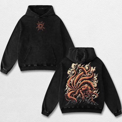 Retro Kurama Nine Tailed Fox - Naruto Oversize Lightweight Acid Washed Hoodie Sweatshirt Tee, Anime Graphic Design Unisex Top Cotton Streetwear Shirt Clothes