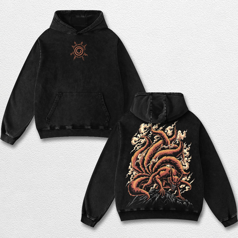 Retro Kurama Nine Tailed Fox - Naruto Oversize Lightweight Acid Washed Hoodie Sweatshirt Tee, Anime Graphic Design Unisex Top Cotton Streetwear Shirt Clothes