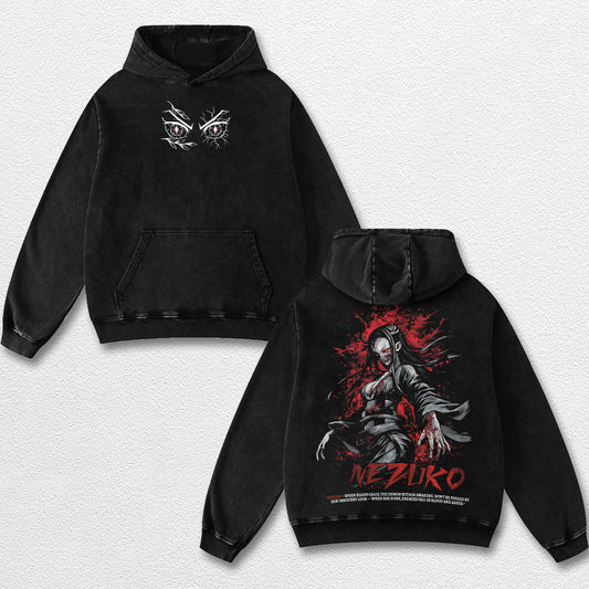 Retro Nezuko Kamado - Demon Slayer Oversize Lightweight Acid Washed Hoodie Sweatshirt Tee, Anime Graphic Design Unisex Top Cotton Streetwear Shirt Clothes