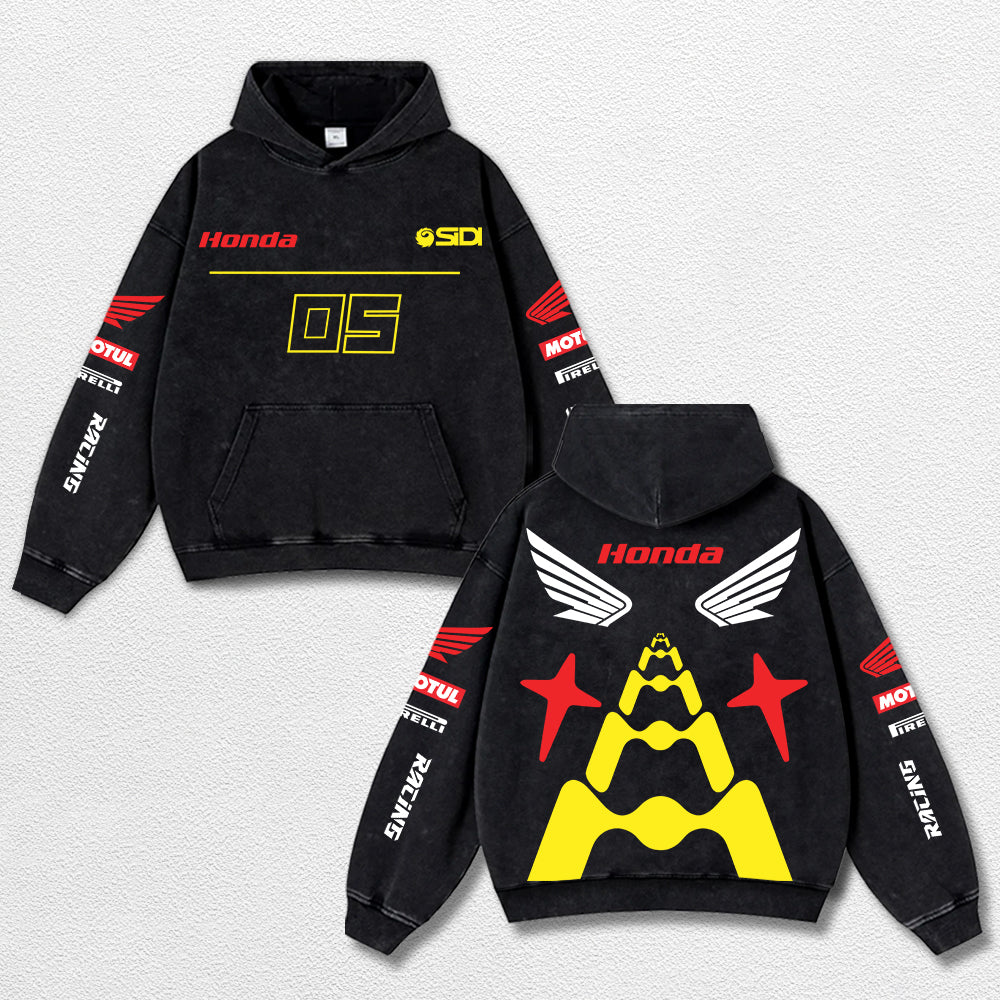 Retro Honda 05 Racing Washed Hoodie MotoGP World Champion Enthusiast Apparel Streetwear Racing Team Super Motorsports Clothing Riders Motocross Off-Road Dirt Bike Fan Gear Cotton For Moto Fan