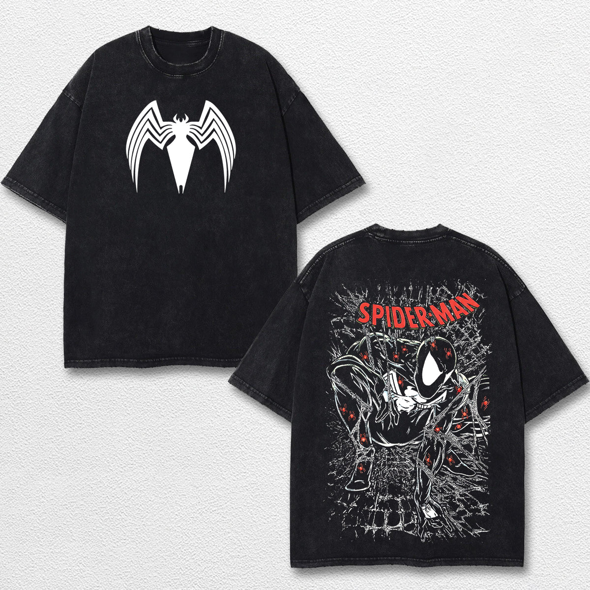 Spider Man Venom Hero Comic Double Printed Oversize Lightweight Acid Washed Tee, Character Marrvel Comics TV Series Graphic Design Unisex Top Cotton Streetwear T-Shirt Clothes Menswear