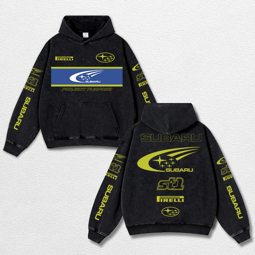 Retro Subaru ST1 Racing Washed Hoodie Fomula 1 World Champion Enthusiast Apparel Streetwear Racing Team Super Motorsports Clothing Riders Motocross Off-Road Dirt Bike Fan Gear Cotton For Moto Fan