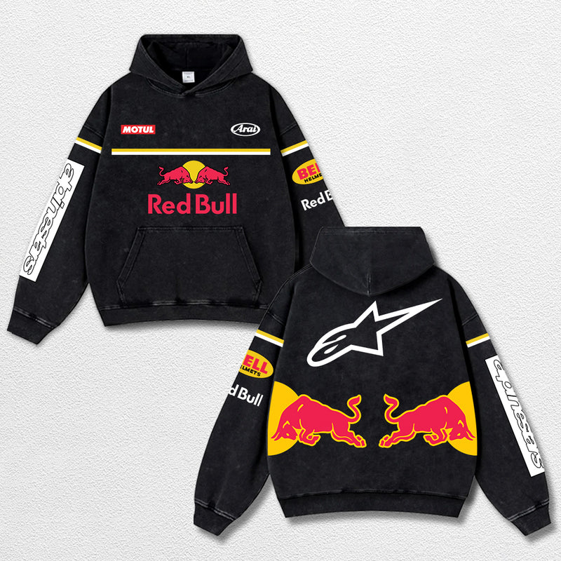 Retro Alpinestars Red Bull Racing Washed Hoodie MotoGP World Champion Enthusiast Apparel Streetwear Racing Team Super Motorsports Clothing Riders Motocross Off-Road Dirt Bike Fan Gear Cotton For Moto Fan