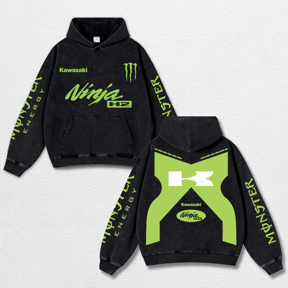 Retro Monster Energy Kawasaki H2 Racing Washed Hoodie MotoGP World Champion Enthusiast Apparel Streetwear Racing Team Super Motorsports Clothing Riders Motocross Off-Road Dirt Bike Fan Gear Cotton For Moto Fan