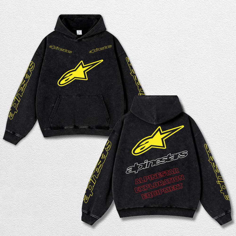 Retro Alpinestars Exploration Equipment Racing Washed Hoodie MotoGP World Champion Enthusiast Apparel Streetwear Racing Team Super Motorsports Clothing Riders Motocross Off-Road Dirt Bike Fan Gear Cotton For Moto Fan