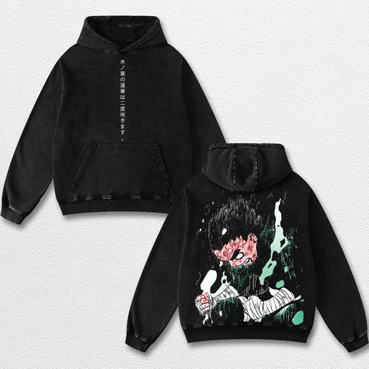 Retro  Rock Lee - Naruto Oversize Lightweight Acid Washed Hoodie Sweatshirt Tee, Anime Graphic Design Unisex Top Cotton Streetwear Shirt Clothes