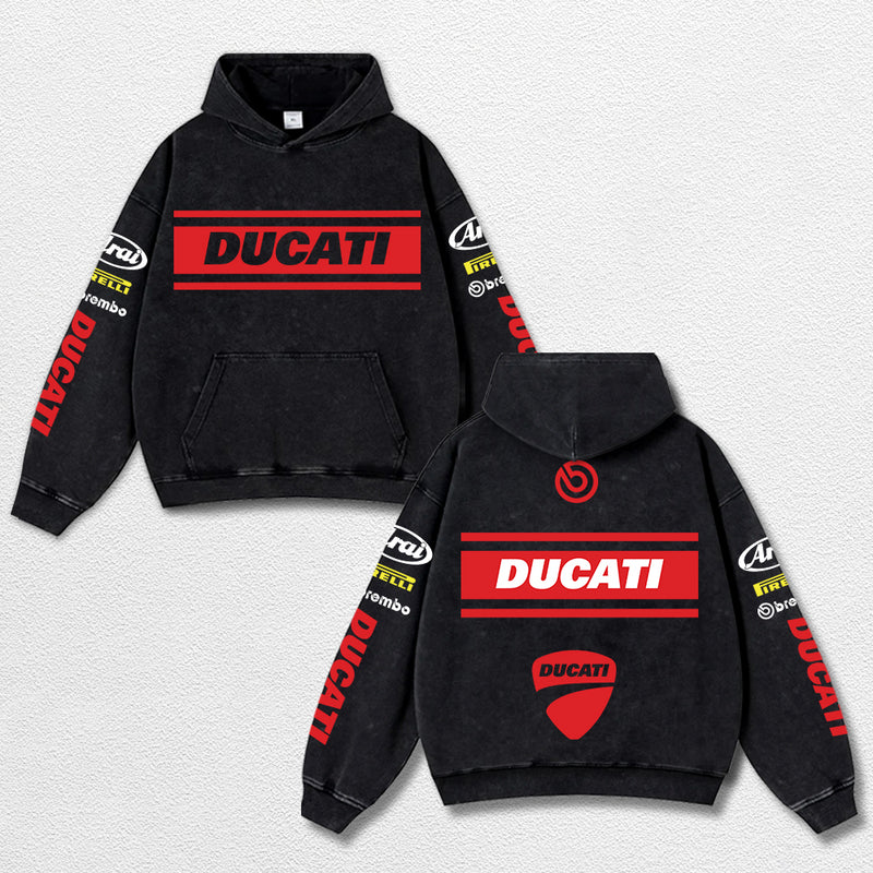 Retro Brembo Ducati Racing Washed Hoodie MotoGP World Champion Enthusiast Apparel Streetwear Racing Team Super Motorsports Clothing Riders Motocross Off-Road Dirt Bike Fan Gear Cotton For Moto Fan