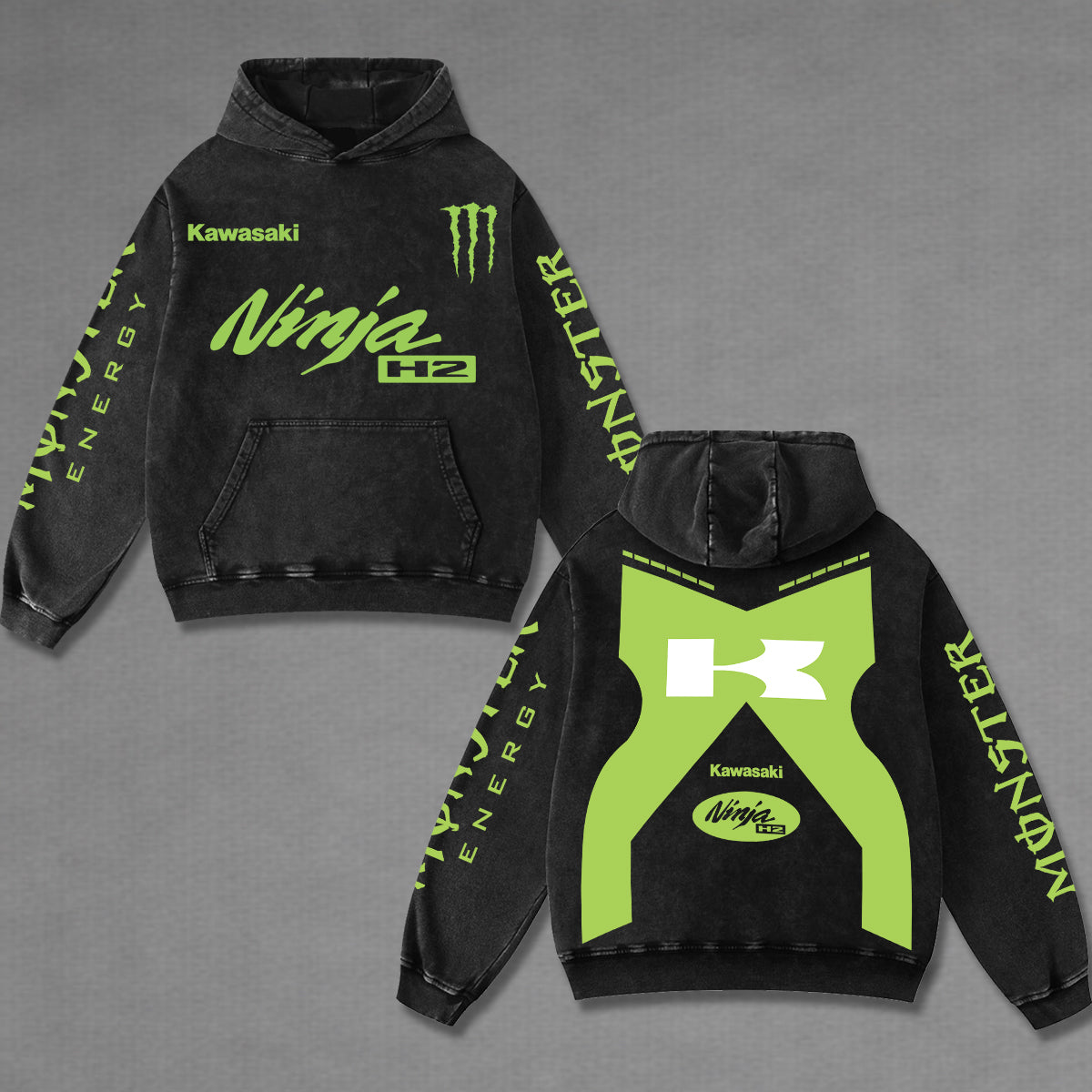 Kawasaki Ninja H2 Biker Hoodie Washed Vintage MotoGP Racing Streetwear, Motorcycle Graphic Hoodie Unisex, Designed for Motor Fans, Sportbike Culture, Speed Lovers & Urban Motorbike Style