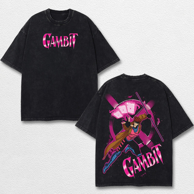 Gambit Xmen Hero Comic Double Printed Oversize Lightweight Acid Washed Tee, Character Marrvel Comics TV Series Graphic Design Unisex Top Cotton Streetwear T-Shirt Clothes Menswear
