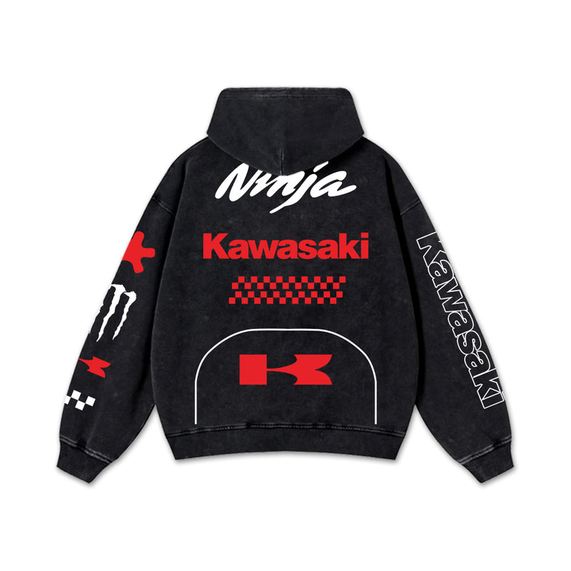Retro Red Kawasaki Ninja Racing Washed Hoodie MotoGP World Champion Enthusiast Apparel Streetwear Racing Team Super Motorsports Clothing Riders Motocross Off-Road Dirt Bike Fan Gear Cotton For Moto Fan