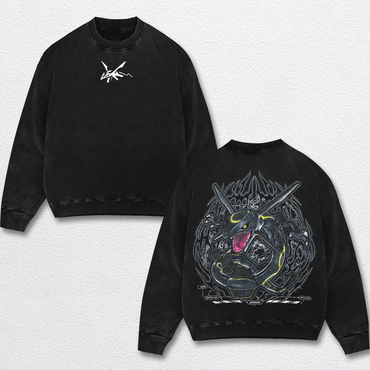 Retro Rayquaza - Pokemon Oversize Lightweight Acid Washed Hoodie Sweatshirt Tee, Anime Graphic Design Unisex Top Cotton Streetwear Shirt Clothes