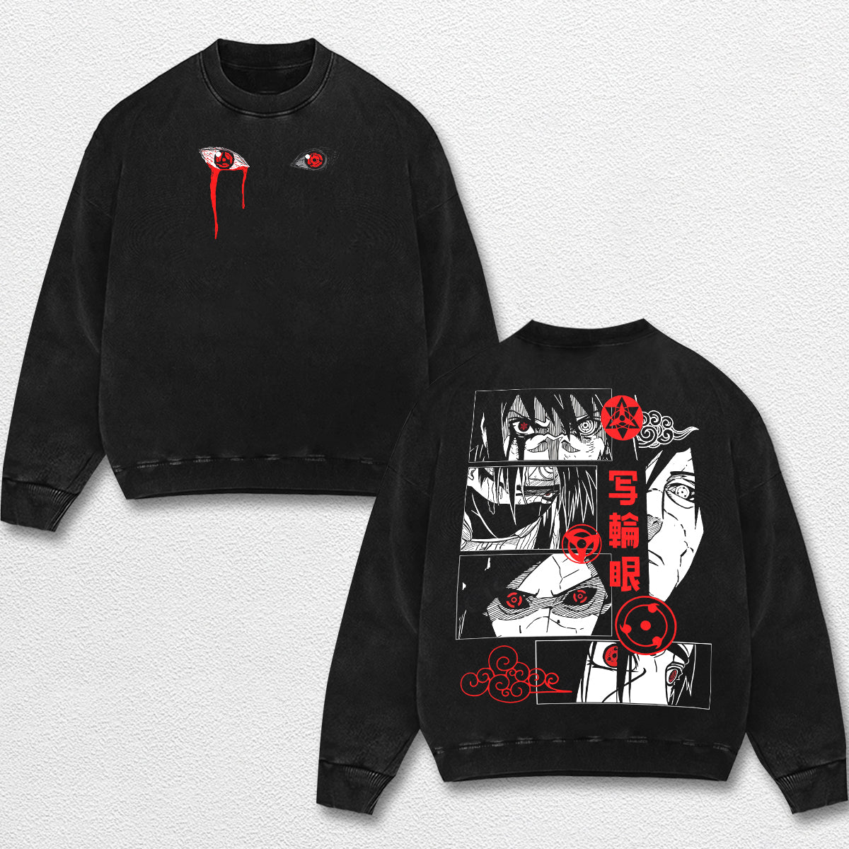 Retro Uchiha Clan x Sharingan - Naruto Oversize Lightweight Acid Washed Hoodie Sweatshirt Tee, Anime Graphic Design Unisex Top Cotton Streetwear Shirt Clothes