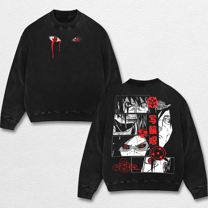 Retro Uchiha Clan x Sharingan - Naruto Oversize Lightweight Acid Washed Hoodie Sweatshirt Tee, Anime Graphic Design Unisex Top Cotton Streetwear Shirt Clothes