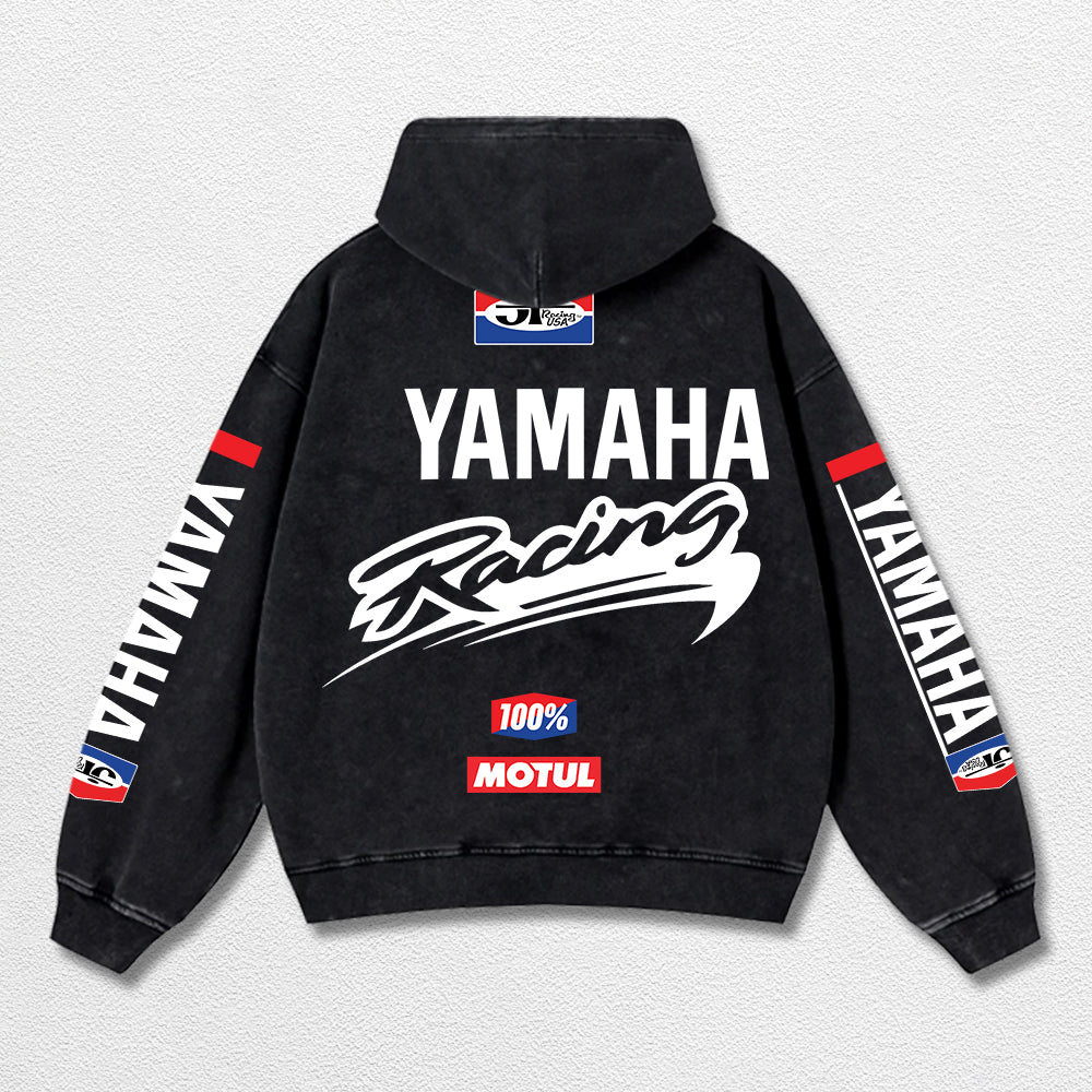 Retro JT Yamaha Racing Washed Hoodie MotoGP World Champion Enthusiast Apparel Streetwear Racing Team Super Motorsports Clothing Riders Motocross Off-Road Dirt Bike Fan Gear Cotton For Moto Fan