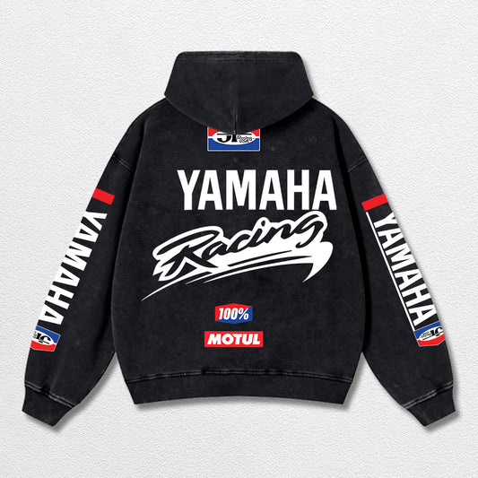 Retro JT Yamaha Racing Washed Hoodie MotoGP World Champion Enthusiast Apparel Streetwear Racing Team Super Motorsports Clothing Riders Motocross Off-Road Dirt Bike Fan Gear Cotton For Moto Fan
