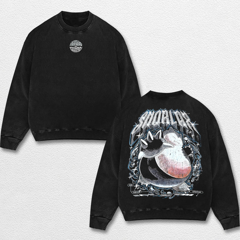 Retro Snorlax - Pokemon Oversize Lightweight Acid Washed Hoodie Sweatshirt Tee, Anime Graphic Design Unisex Top Cotton Streetwear Shirt Clothes