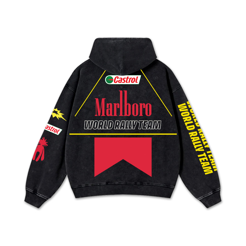 Retro Marlboro World Rally Team Racing Washed Hoodie F1 World Champion Enthusiast Apparel Streetwear Racing Team Super Motorsports Clothing Riders Car Racing Off-Road Dirt Bike Fan Gear Cotton For Moto Fan