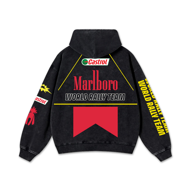 Retro Marlboro World Rally Team Racing Washed Hoodie F1 World Champion Enthusiast Apparel Streetwear Racing Team Super Motorsports Clothing Riders Car Racing Off-Road Dirt Bike Fan Gear Cotton For Moto Fan