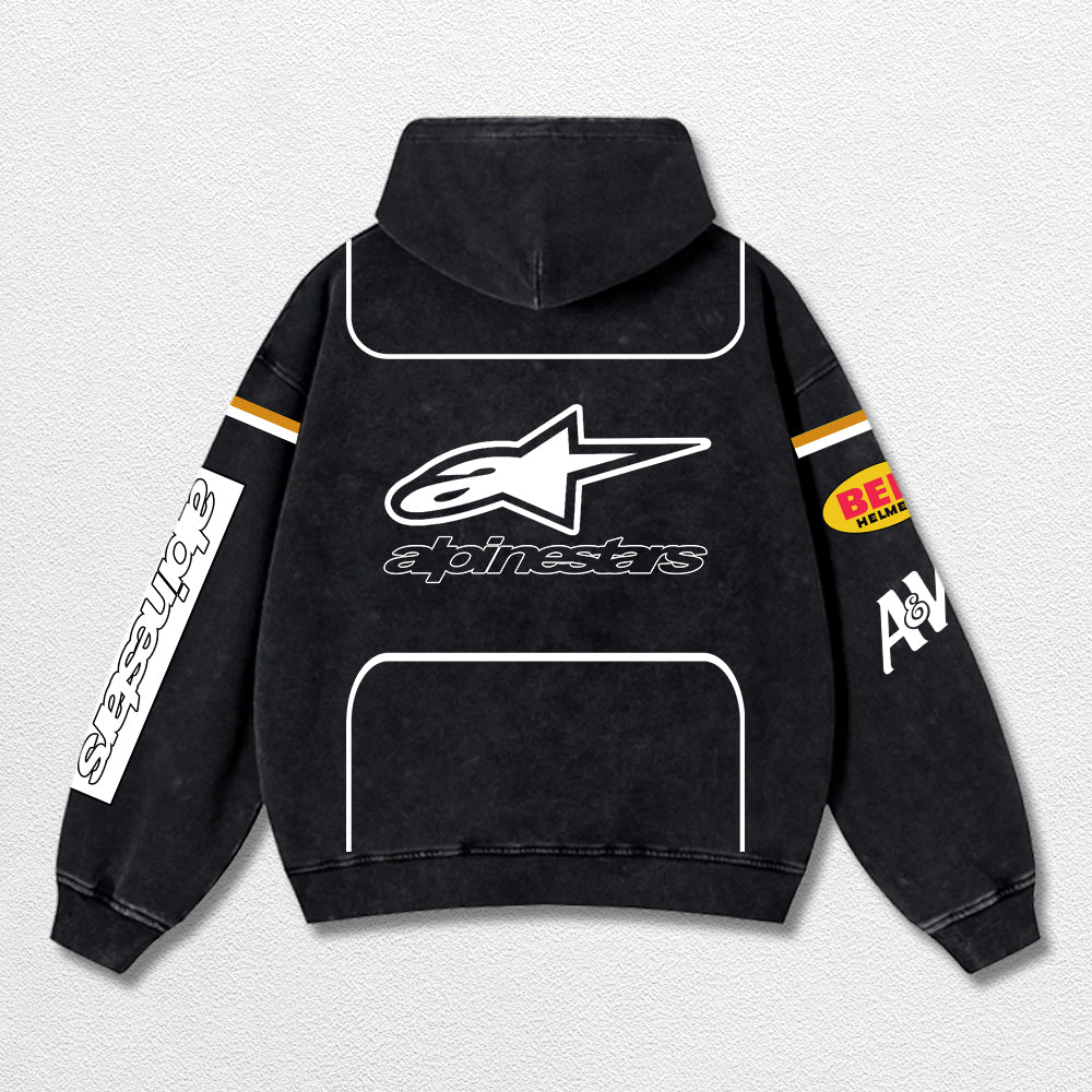 Retro Alpinestars A&W Root Beer Racing Washed Hoodie MotoGP World Champion Enthusiast Apparel Streetwear Racing Team Super Motorsports Clothing Riders Motocross Off-Road Dirt Bike Fan Gear Cotton For Moto Fan