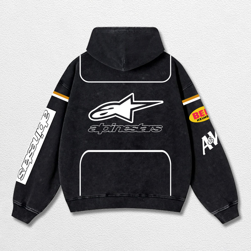 Retro Alpinestars A&W Root Beer Racing Washed Hoodie MotoGP World Champion Enthusiast Apparel Streetwear Racing Team Super Motorsports Clothing Riders Motocross Off-Road Dirt Bike Fan Gear Cotton For Moto Fan