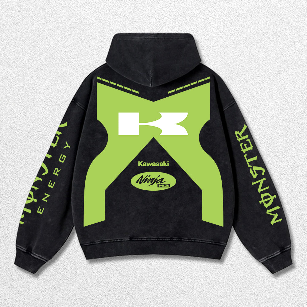 Retro Monster Energy Kawasaki H2 Racing Washed Hoodie MotoGP World Champion Enthusiast Apparel Streetwear Racing Team Super Motorsports Clothing Riders Motocross Off-Road Dirt Bike Fan Gear Cotton For Moto Fan