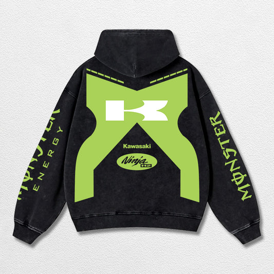 Retro Monster Energy Kawasaki H2 Racing Washed Hoodie MotoGP World Champion Enthusiast Apparel Streetwear Racing Team Super Motorsports Clothing Riders Motocross Off-Road Dirt Bike Fan Gear Cotton For Moto Fan