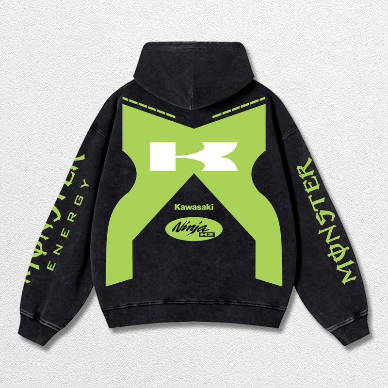 Retro Monster Energy Kawasaki H2 Racing Washed Hoodie MotoGP World Champion Enthusiast Apparel Streetwear Racing Team Super Motorsports Clothing Riders Motocross Off-Road Dirt Bike Fan Gear Cotton For Moto Fan