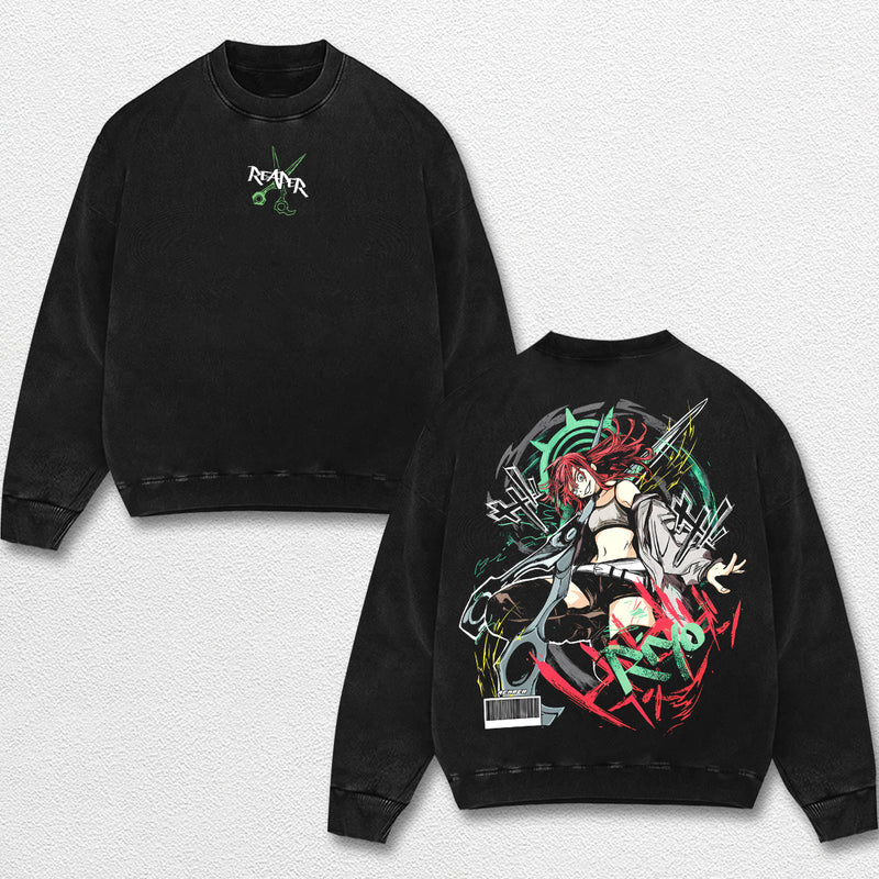 Retro Riyo Reaper - Gachiakuta Oversize Lightweight Acid Washed Hoodie Sweatshirt Tee, Anime Graphic Design Unisex Top Cotton Streetwear Shirt Clothes