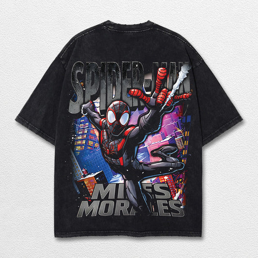 Miles Morales Spider-Verse Hero Comic Double Printed Oversize Lightweight Acid Washed Tee, Character Marrvel Comics TV Series Graphic Design Unisex Top Cotton Streetwear T-Shirt Clothes Menswear
