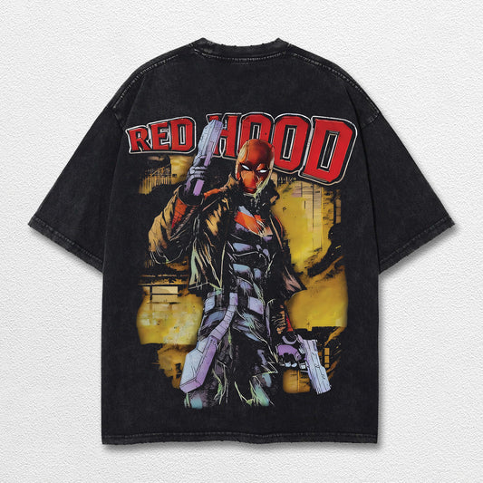 Red Hood Hero Comic Double Printed Oversize Lightweight Acid Washed Tee, Character Marrvel Comics TV Series Graphic Design Unisex Top Cotton Streetwear T-Shirt Clothes Menswear