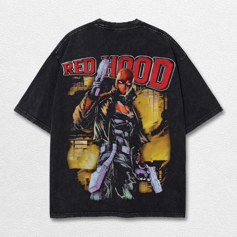 Red Hood Hero Comic Double Printed Oversize Lightweight Acid Washed Tee, Character Marrvel Comics TV Series Graphic Design Unisex Top Cotton Streetwear T-Shirt Clothes Menswear