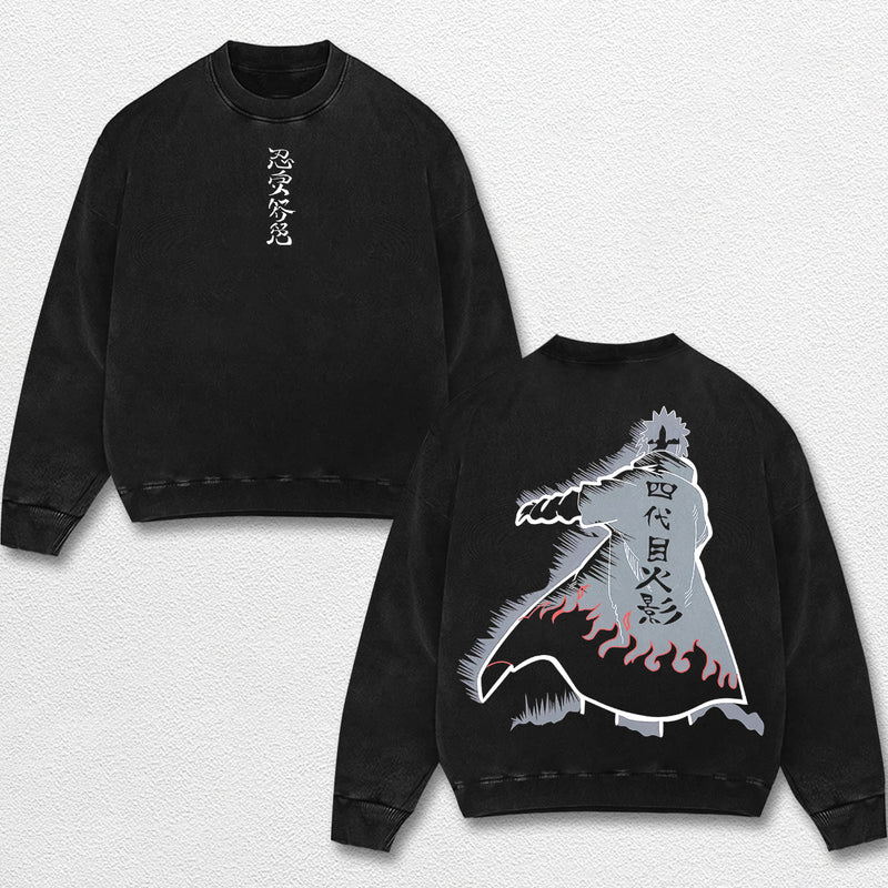 Retro Minato Namikaze Hokage - Naruto Oversize Lightweight Acid Washed Hoodie Sweatshirt Tee, Anime Graphic Design Unisex Top Cotton Streetwear Shirt Clothes