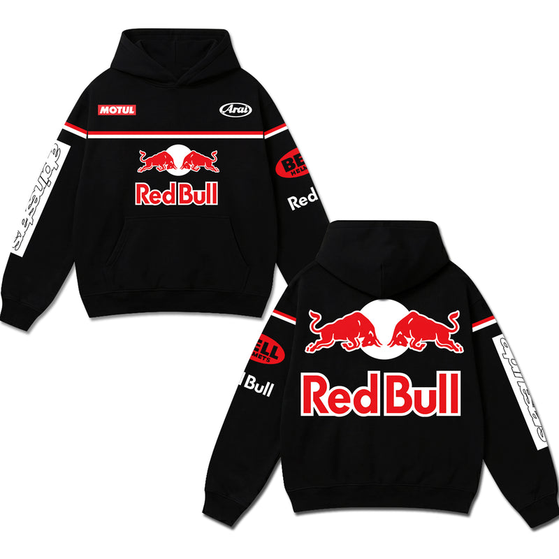 Retro Red Bull Racing Hoodie Black Acid Washed, Red Bull Emblem Motul Arai Bell Helmets Superbike Enthusiast, Motorsport Biker Graphic Streetwear, Heavyweight Sweatshirt, Retro Moto Gear Apparel Men’s Grunge Y2K Racing Jacket Style Oversized Clothes