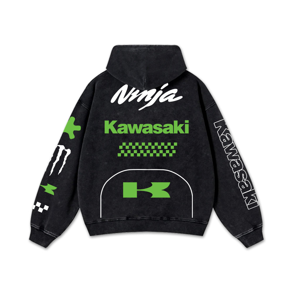 Retro Green Kawasaki Ninja Racing Washed Hoodie MotoGP World Champion Enthusiast Apparel Streetwear Racing Team Super Motorsports Clothing Riders Motocross Off-Road Dirt Bike Fan Gear Cotton For Moto Fan