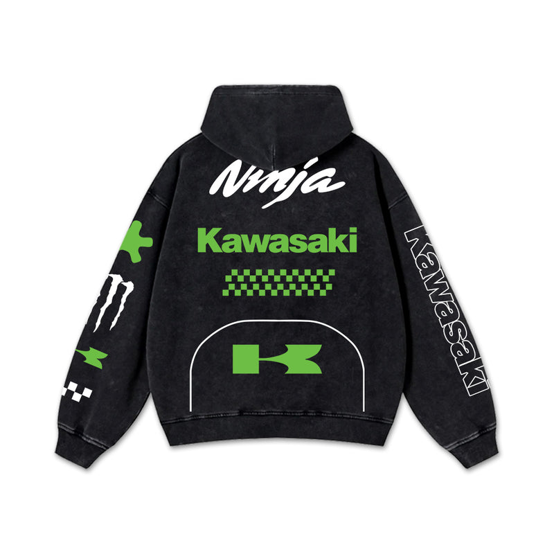 Retro Green Kawasaki Ninja Racing Washed Hoodie MotoGP World Champion Enthusiast Apparel Streetwear Racing Team Super Motorsports Clothing Riders Motocross Off-Road Dirt Bike Fan Gear Cotton For Moto Fan