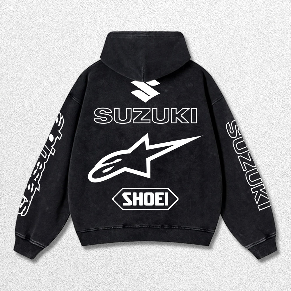 Retro Alpinestars Suzuki Racing Washed Hoodie MotoGP World Champion Enthusiast Apparel Streetwear Racing Team Super Motorsports Clothing Riders Motocross Off-Road Dirt Bike Fan Gear Cotton For Moto Fan