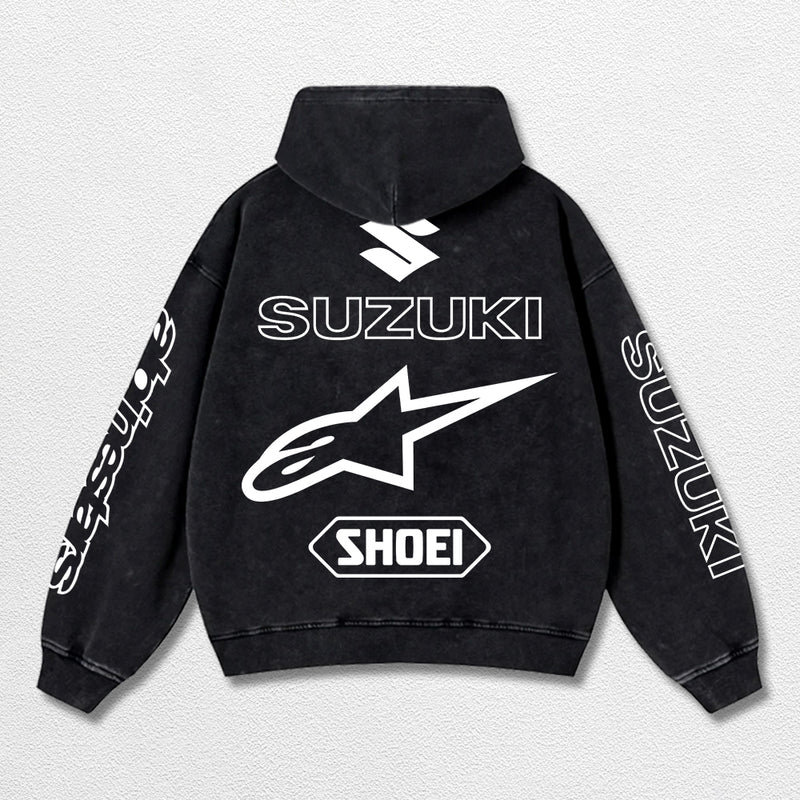Retro Alpinestars Suzuki Racing Washed Hoodie MotoGP World Champion Enthusiast Apparel Streetwear Racing Team Super Motorsports Clothing Riders Motocross Off-Road Dirt Bike Fan Gear Cotton For Moto Fan
