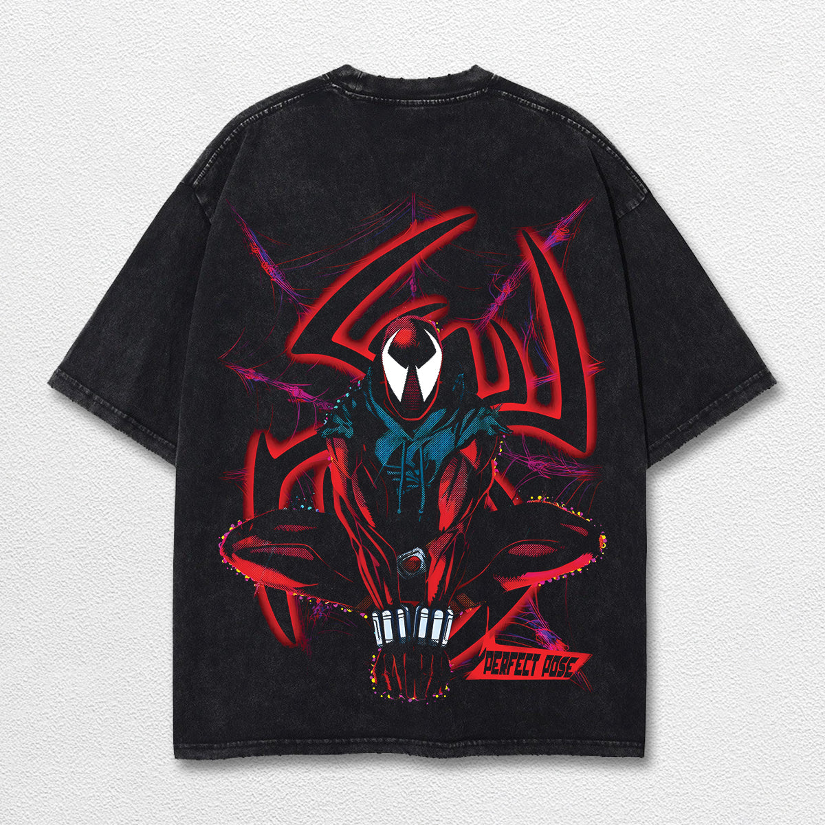 Spider Man Perfect Pose Hero Comic Double Printed Oversize Lightweight Acid Washed Tee, Character Marrvel Comics TV Series Graphic Design Unisex Top Cotton Streetwear T-Shirt Clothes Menswear