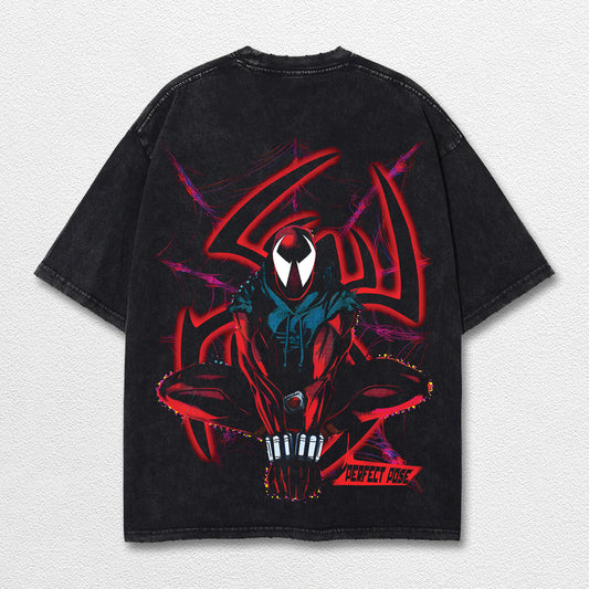 Spider Man Perfect Pose Hero Comic Double Printed Oversize Lightweight Acid Washed Tee, Character Marrvel Comics TV Series Graphic Design Unisex Top Cotton Streetwear T-Shirt Clothes Menswear