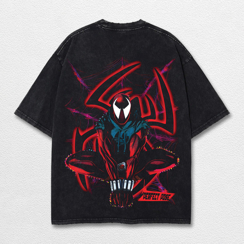 Spider Man Perfect Pose Hero Comic Double Printed Oversize Lightweight Acid Washed Tee, Character Marrvel Comics TV Series Graphic Design Unisex Top Cotton Streetwear T-Shirt Clothes Menswear