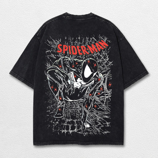 Spider Man Venom Hero Comic Double Printed Oversize Lightweight Acid Washed Tee, Character Marrvel Comics TV Series Graphic Design Unisex Top Cotton Streetwear T-Shirt Clothes Menswear