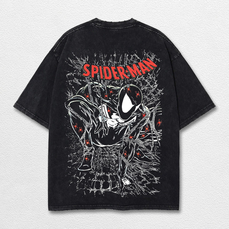 Spider Man Venom Hero Comic Double Printed Oversize Lightweight Acid Washed Tee, Character Marrvel Comics TV Series Graphic Design Unisex Top Cotton Streetwear T-Shirt Clothes Menswear