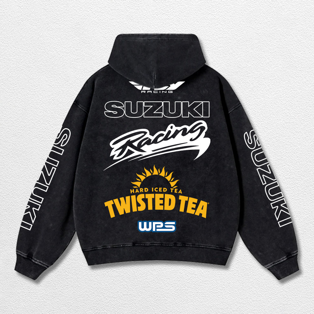 Retro Fly Suzuki Racing Washed Hoodie MotoGP World Champion Enthusiast Apparel Streetwear Racing Team Super Motorsports Clothing Riders Motocross Off-Road Dirt Bike Fan Gear Cotton For Moto Fan