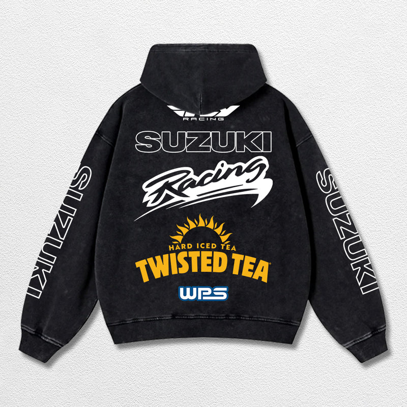 Retro Fly Suzuki Racing Washed Hoodie MotoGP World Champion Enthusiast Apparel Streetwear Racing Team Super Motorsports Clothing Riders Motocross Off-Road Dirt Bike Fan Gear Cotton For Moto Fan