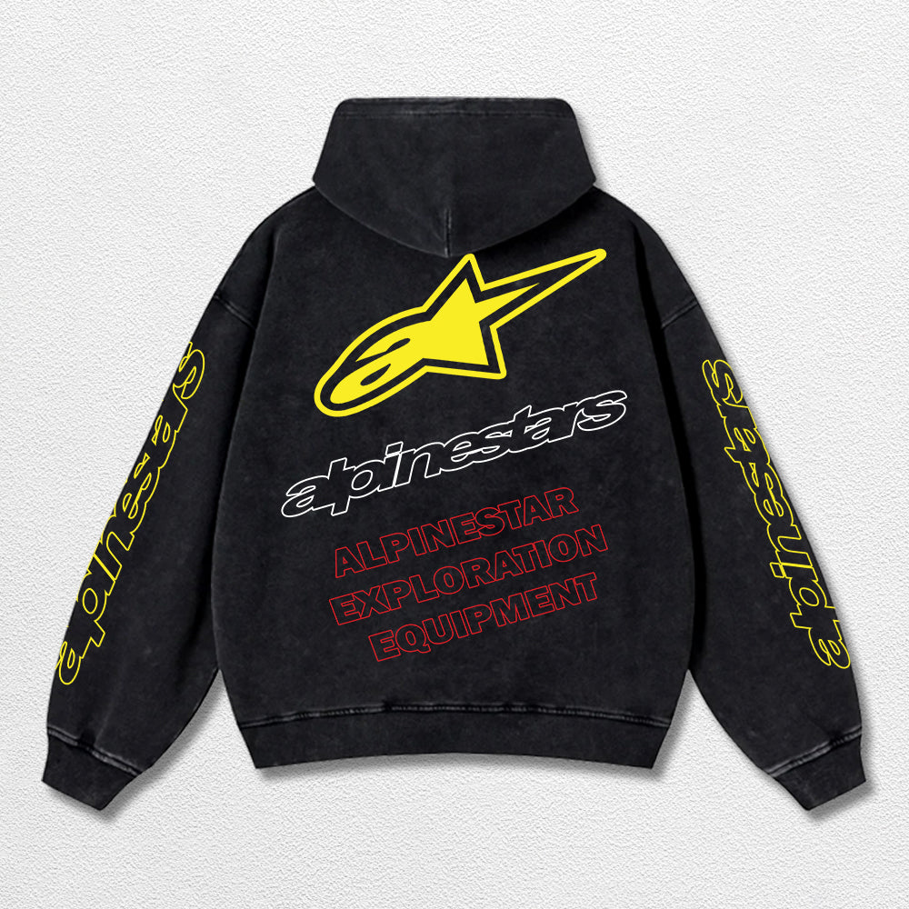 Retro Alpinestars Exploration Equipment Racing Washed Hoodie MotoGP World Champion Enthusiast Apparel Streetwear Racing Team Super Motorsports Clothing Riders Motocross Off-Road Dirt Bike Fan Gear Cotton For Moto Fan
