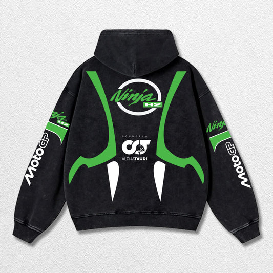 Retro Thunder Alphatauri Kawasaki Ninja H2 Racing Washed Hoodie MotoGP World Champion Enthusiast Apparel Streetwear Racing Team Super Motorsports Clothing Riders Motocross Off-Road Dirt Bike Fan Gear Cotton For Moto Fan